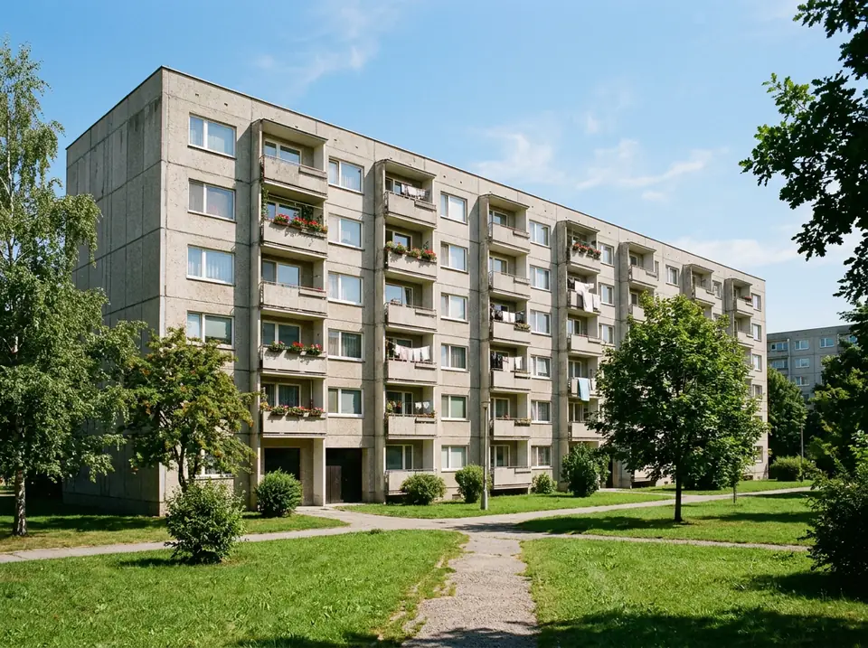 Több emeletes panelház erkélyekkel, udvar felől nézve.