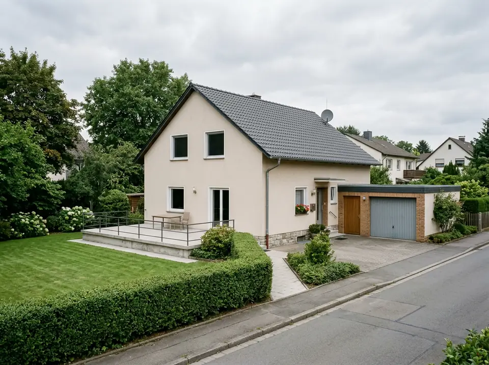 Családi ház hozzáépített garázzsal és nyitott betonterasszal, kertes környezetben.